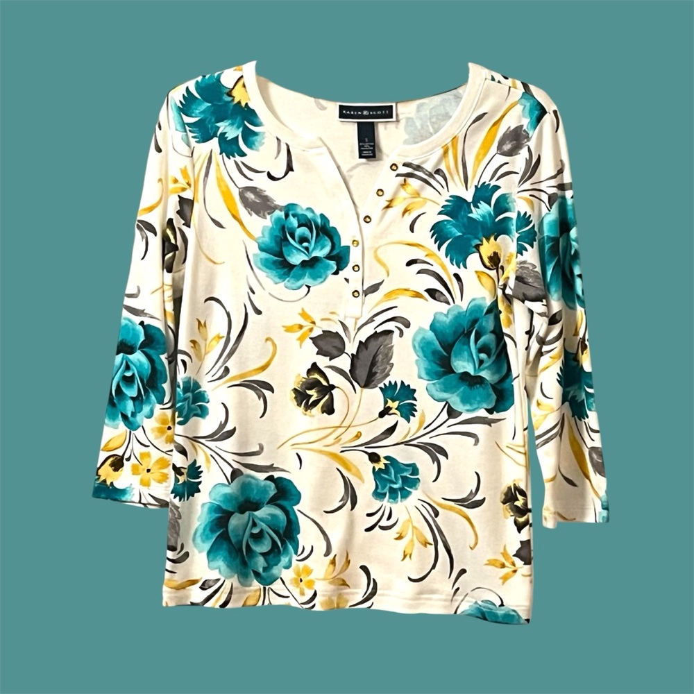 Eye-Catching Resort-Cruisewear Spring Teal Yellow Floral 3/4 Sleeve Travel Top